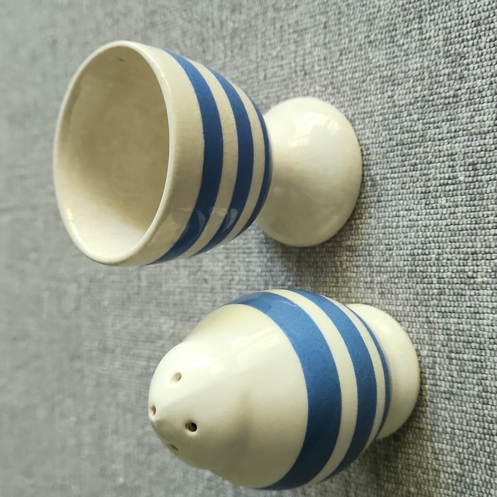 Cornishware Vintage Blue and White Stripe Egg Cup And Pepper Shaker